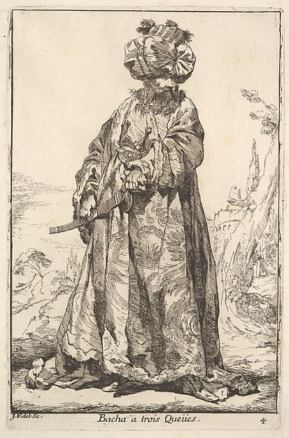 Pasha grasping a sword at his hip with both hands, from "Caravan of the Sultan to Mecca" (Caravane du Sultan à la Mecque), by Joseph Marie Vien