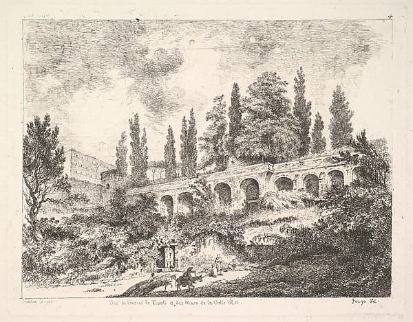 View of the entrance to Tivoli and the walls of the Villa d'Este, horsemen approaching the entrance at bottom center, arched entrance in the middleground, cyrus trees and other plants surrounding, by Jean Claude Richard, Abbé de Saint-Non
