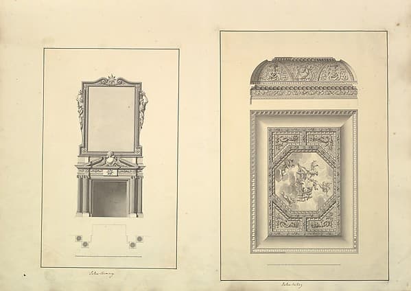 Leaf from Aedes Walpolianae mounted with two drawings: (a): Salon Chimney, Houghton Hall, Norfolk, Elevation; (b): Salon Ceiling, Houghton Hall, Norfolk, by Isaac Ware