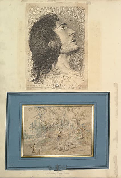 Leaf from Aedes Walpolianae mounted with a print and a drawing (a): Head in Profile of Prodigal Son; (b): The Wagonner (after Peter Paul Rubens) in Jean-Paul Mariette mount, by Richard Earlom