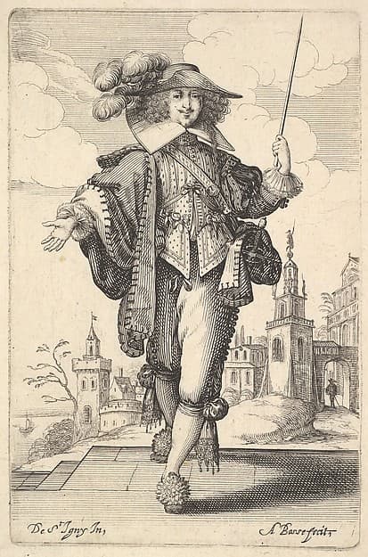 A gentleman walking forward, with his right arm outstretched and a whip in his left hand, wearing a plumed hat and decorated shoes, from "The Garden of the French Nobles In Which One Can Pick Up Their Way of Dressing", by Abraham Bosse