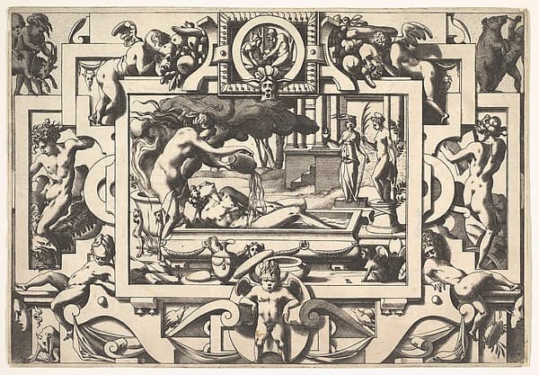 Medea Pours a Magic Potion over Jason (Le roi Aeson tant caduque et chénu en une cuve elle couche tout nu...), from "Jason and the Golden Fleece", by René Boyvin