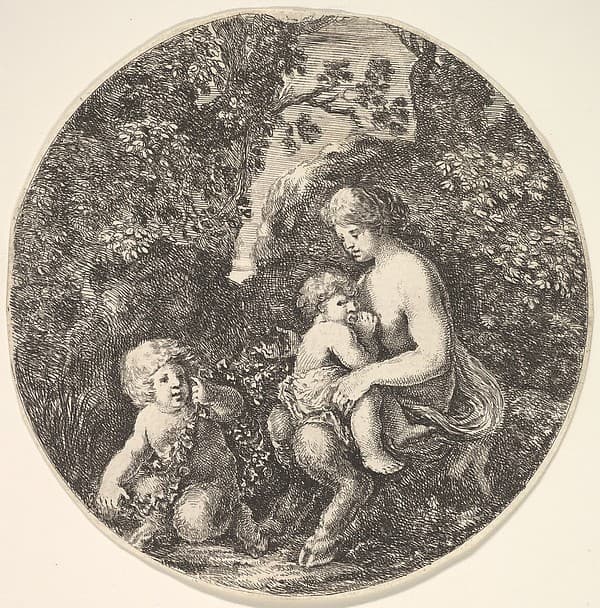 A female satyr breastfeeding an child to the right, turned towards the left, a satyr child on the ground to the left, from "Landscapes and seaports" (Paysages et ports de mer, dans des ronds), by Stefano della Bella