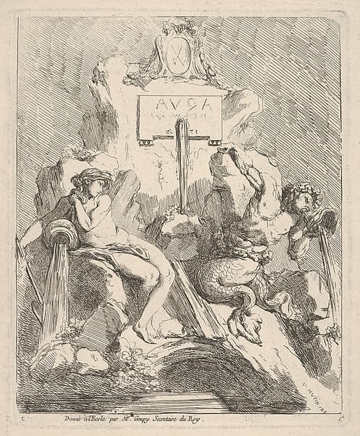 Design for a fountain with a seated nymph at left and triton holding a shell to his mouth at right, by Charles Hutin