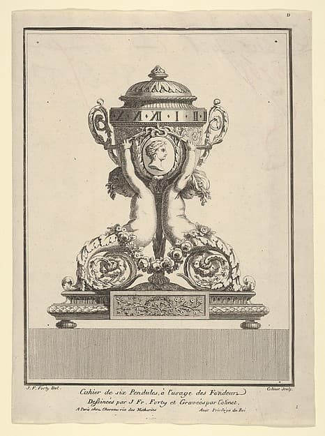 Design for a Clock, Title Page to 'Cahier de six Pendules', by Jean François Forty