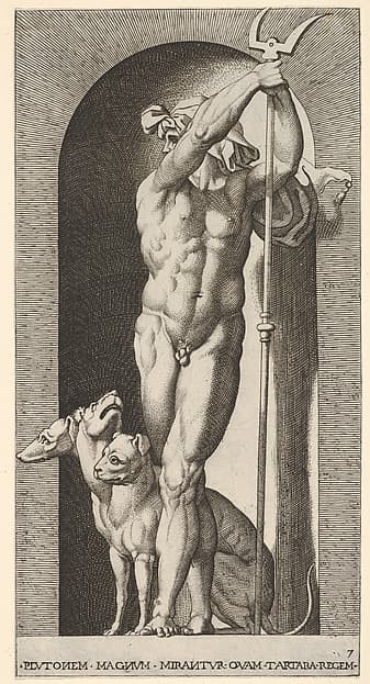 Plate 7: Pluto in a niche, holding a bident, with Cerberus next to him, from "Mythological Gods and Goddesses", by Giovanni Jacopo Caraglio