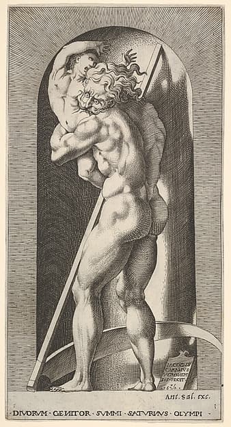 Plate 1: Saturn in a niche devouring his son, standing before a scythe, from "Mythological Gods and Goddesses", by Giovanni Jacopo Caraglio