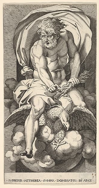 Plate 3: Jupiter emerging from a niche, riding an eagle and holding a thunderbolt in his left hand, from "Mythological Gods and Goddesses", by Giovanni Jacopo Caraglio