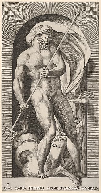 Plate 5: Neptune standing in a niche holding a trident, with a hippocampus (sea-horse) behind him, from a series of gods and goddesses, by Giovanni Jacopo Caraglio