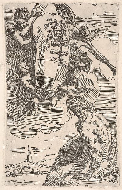 Allegory of the Foglia River and the city of Pesaro's coat of arms, frontispiece for "Il Pesarese", by Simone Cantarini