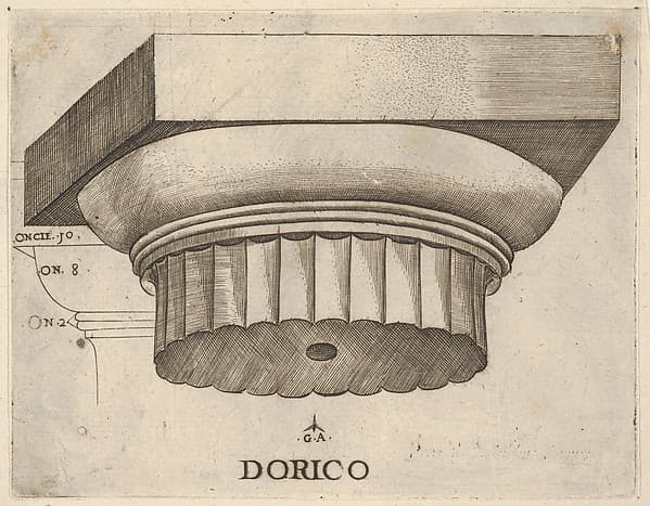 Doric capital with measurements, by Monogrammist G.A. with the Caltrop