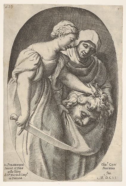 Judith with the head of Holofernes in her left hand and a sword in her right hand, accompanied by a female attendant, from a series of four Old Testament subjects, by Oliviero Gatti
