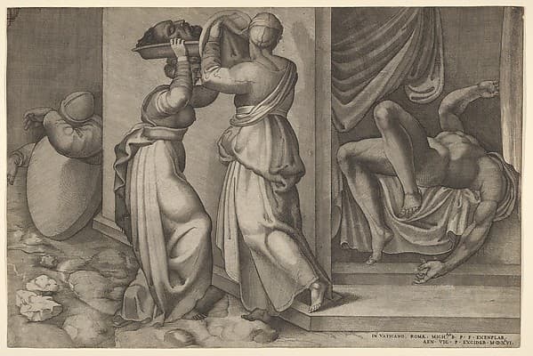 Judith giving the head of Holofernes on a platter, which is about to be covered with a cloth, to her servant, with the foreshortened, naked body of Holofernes at right, by Enea Vico