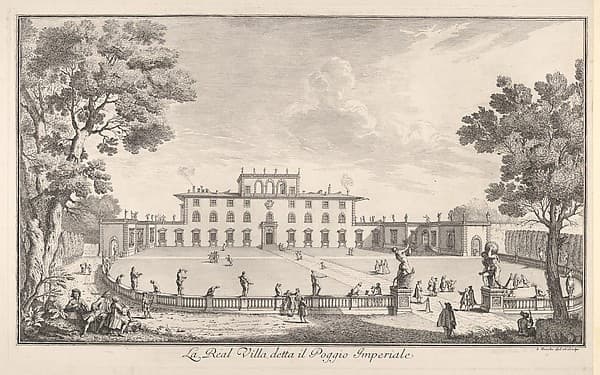 The Royal Villa called il Poggio Imperiale (La Real Villa detta il Poggio Imperiale), view of the façade and balustrade with statuary, from "Views of the city and other places of Tuscany" (Vedute delle ville e d'altri luoghi della Toscana), by Giuseppe Zocchi