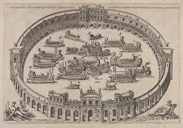 Naval engagement set inside a Roman arena, with the river Tiber and nymphs at lower left and right, by Etienne DuPérac