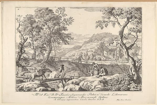 Plate 4: Landscape with man leading a pack horse across a wooden bridge, three figures in right foreground, the silhouette of a man standing at a fence beyond, from "Landscapes", by Marco Ricci