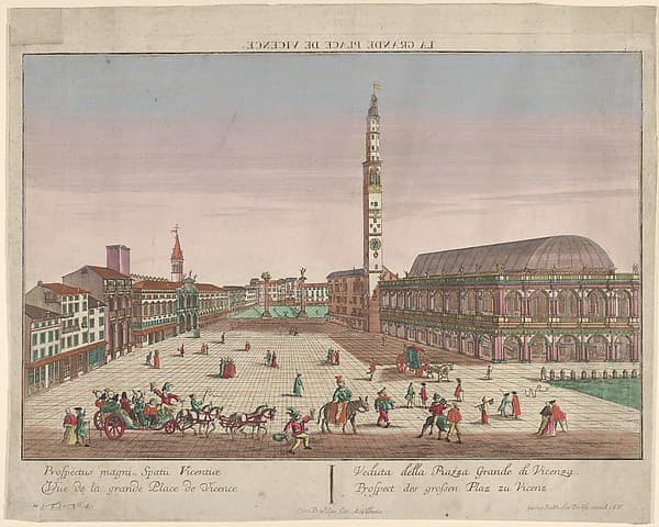 View of the Piazza dei Signori of Vicenza with horse-drawn carriages and figures walking in the square, by Georg Balthasar Probst