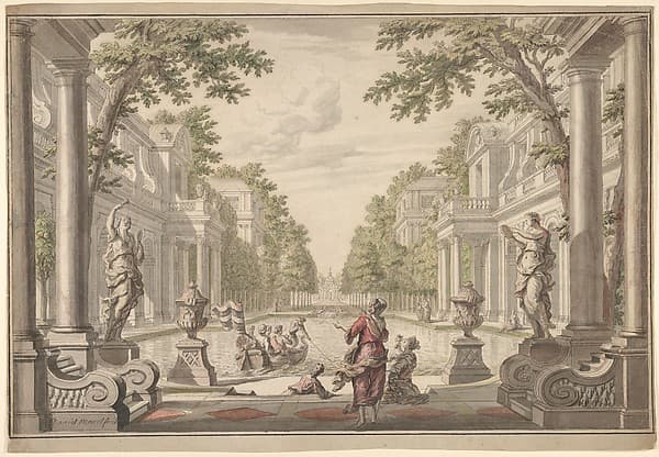 View of a Palace Garden with a Central Pond Surrounded by Classical Architecture (Tapestry or Stage Design?), by Daniel Marot the Elder
