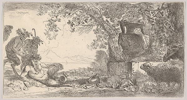 Pan reclining at left with two standing satyrs, a large vase on a pedestal at right, by Giovanni Benedetto Castiglione (Il Grechetto)