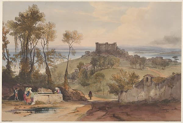 Bracciano, plate 2 from "Views of Rome and Its Environs", by Edward Lear