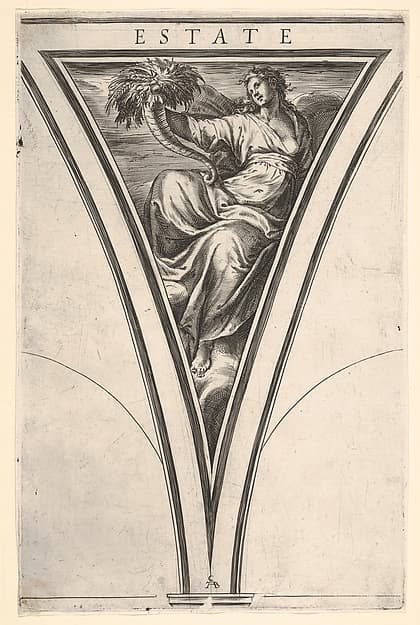 Summer (Estate), represented as a robed woman bearing a horn of plenty, a spandrel-shaped composition from "The Four Seasons", by Cherubino Alberti (Zaccaria Mattia)