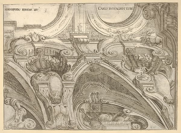 Architectural detail of an elaborate cornice, seen from below, by Carlo Antonio Buffagnotti