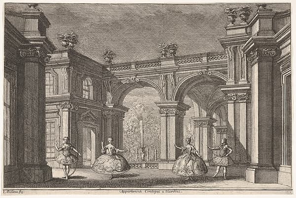 Two ladies and two gentlemen dancing within an ornate architectural setting, a fountain at center in the background, a scene from "Talestri, Regina delle Amazzoni", by Francesco Galli Bibiena