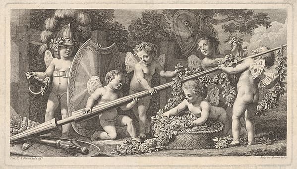 Six putti playing with the arms of Mars, by Benigno Bossi