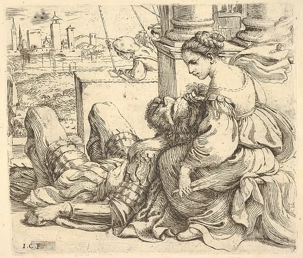 Delilah holding Samson's hair and a pair of scissors, by Giuseppe Caletti, called Cremonese