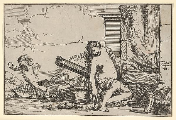 Fire, represented by Venus seated before Vulcan's forge, with armor, a cannon, and cannon balls surrounding her, she turns her head toward Cupid, who stretches his body away from her, from "The Elements", by Giulio Carpioni