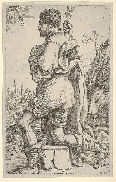 Saint Roch, kneeling on a stone, seen from the side with his dog behind him and a townscape in the background at left, by Giuseppe Caletti, called Cremonese