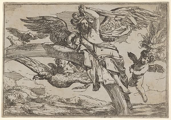 Air, represented by Iris reclining on her rainbow, accompanied by a winged putto bearing a torch and another winged putto riding an eagle, from "The Elements", by Giulio Carpioni