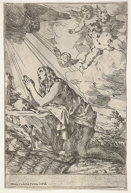 Penitent Magdalen kneeling on a rocky ground before a skull and bones, an ointment jar lies in the left foreground, rays of light and winged putti descend from above, by Giulio Carpioni
