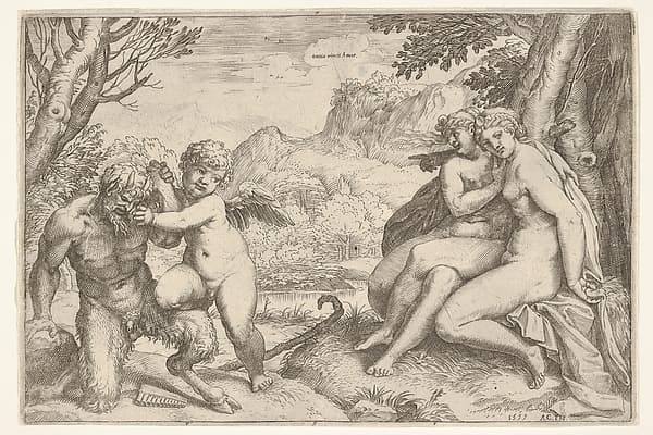 Love Conquers All (Omnia vincit Amor), in a struggle with a satyr Amor places his right knee on its thigh, two nude nymphs are seated with interlocking legs at the base of a tree, by Agostino Carracci