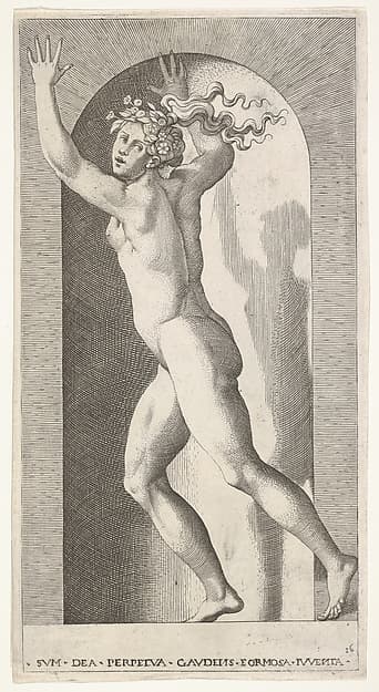 Plate 16: Hebe in a niche with her hands in the air, running to the left while looking to the right, from a series of mythological gods and goddesses, by Giovanni Jacopo Caraglio