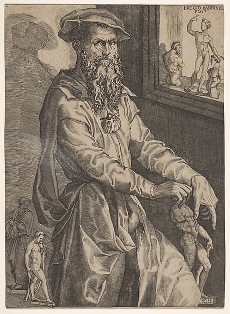 Portrait of Baccio Bandinelli, in three-quarter length next to a window pane containing a statuette and statuette fragments, the artist grasps with his right hand the head of a statuette resting at his left side, by Niccolò della Casa