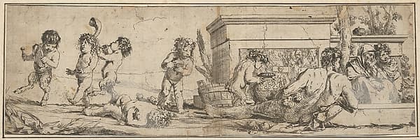 Bacchanal with infant satyrs and putti at left, a naked male figure reclines in front of a pedestal carved in bas-relief, two clothed figures look toward the right, by Giulio Carpioni