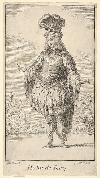 Habit de Roy: a man wearing a tonnelet decorated with rosettes, a crown and a turban with feathers on his head, from "New designs for costumes" (Nouveaux desseins d'habillements à l'usage des balets operas et comedies), by François Joullain