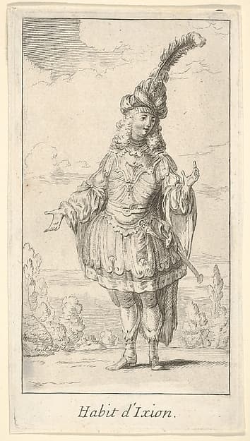Habit d'Ixion: a man wearing a tonnelet with a sword in the belt, a turban with one large feather on his head, from "New designs for costumes" (Nouveaux desseins d'habillements à l'usage des balets operas et comedies), by François Joullain