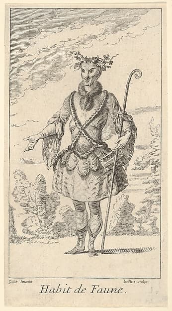 Habit de Faune: a faun wearing a tonnelet with a flute attached, a cane in his right hand and vines around his horns, from "New designs for costumes" (Nouveaux desseins d'habillements à l'usage des balets operas et comedies), by François Joullain
