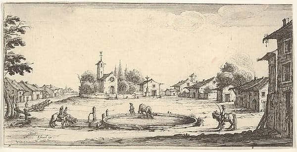 Plate 6: view of a village with a horse trough in center, horses and houses to either side, a church in center background, by François Collignon
