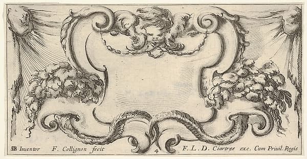 Plate 4: a cartouche with the head of a cherub at top center, leaves and flowers to either side, from "Twelve cartouches" (Recueil de douze cartouches), by François Collignon