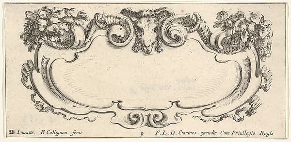 Plate 9: a cartouche with the head of a ram at top center, flowers at top left and right, from "Twelve cartouches" (Recueil de douze cartouches), by François Collignon