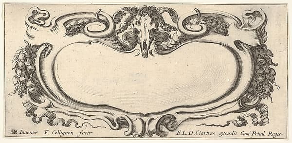Plate 6: a cartouche with a ram skull at top center, grapes and other fruits to either side, from "Twelve cartouches" (Recueil de douze cartouches), by François Collignon