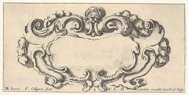 Plate 8: a cartouche with the head of an old man at top center, scrollwork to either side, from "Twelve cartouches" (Recueil de douze cartouches), by François Collignon