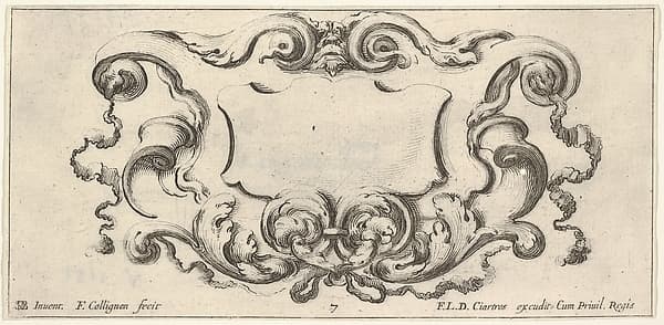Plate 7: a cartouche with the mask of an ogre at top center, scrollwork to either side, from "Twelve cartouches" (Recueil de douze cartouches), by François Collignon