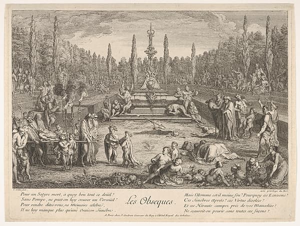 The Funeral (Les Obseques): various satyrs gathered in a clearing, funeral pyre to left, a freshly dug grave and a tomb decorated with satyr heads and antlers in center, upon which musicians are seated, from "The lives of satyrs" (La vie des satyres), by Claude Gillot