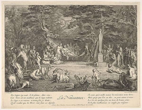 The Birth (La Naissance): in a forest, the new mother resting in a hammock at center, the newborn below her to left, various satyrs and goats surrounding, from "The lives of satyrs" (La vie des satyres), by Claude Gillot