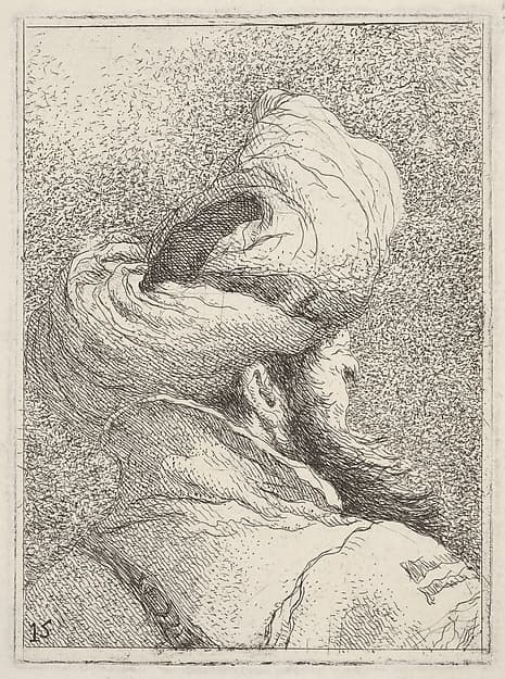 Bearded man wearing a turban, depicted in bust length from behind in three-quarters view, from "Collection of heads" (Raccolta di teste), by Giovanni Domenico Tiepolo