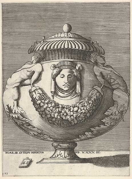 Antique Lidded Urn with Hybrid Male Sphinxes and a Female Mask on the Body, from "Vases after the Antique", by Enea Vico